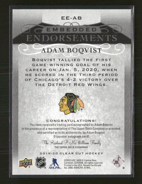2019-20 Upper Deck Clear Cut Embedded Endorsements Adam Boqvist #/99 Auto #EE-AB