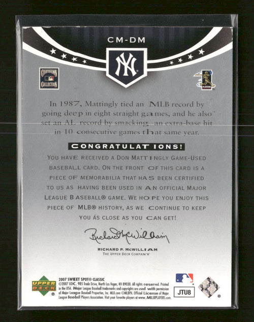 2007 Upper Deck Sweet Spot Classic Classic Memorabilia Don Mattingly #CM-DM