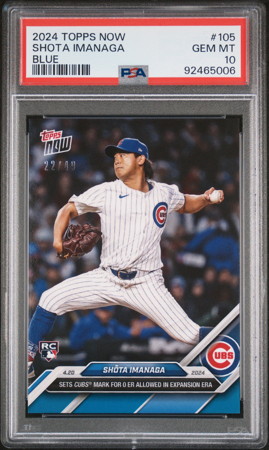 Graded 2024 Topps Now Shota Imanaga #105 Blue /49 Rookie RC Baseball Card PSA 10 Gem Mint
