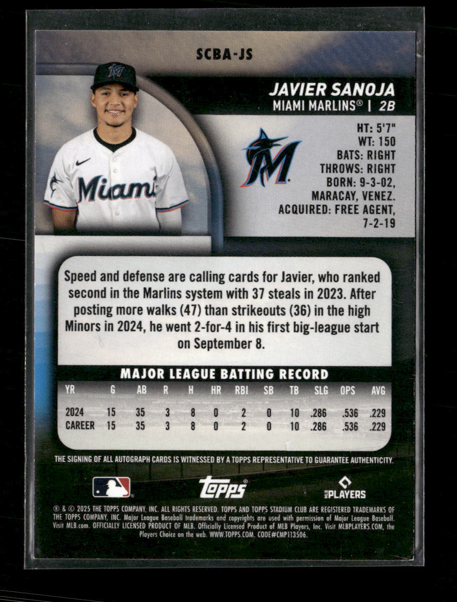 2025 Stadium Club Base Autographs Yellow Javier Sanoja Auto #SCBA-JS
