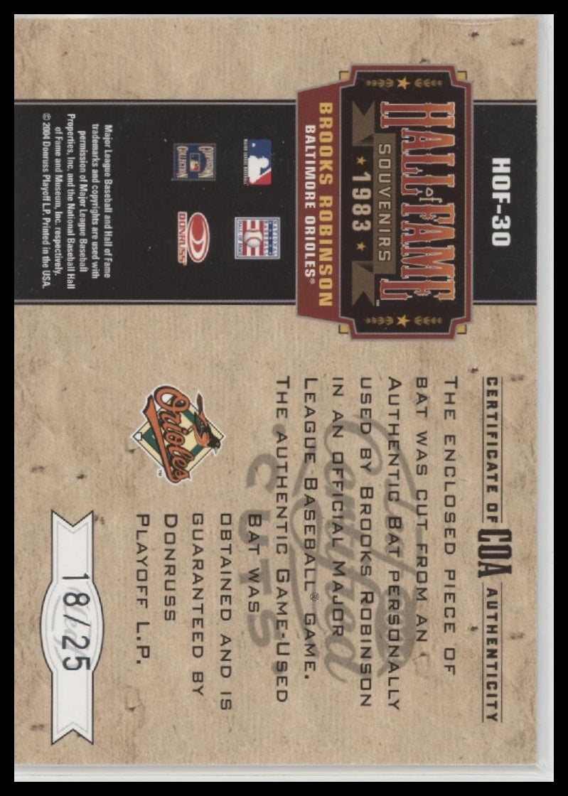 2004 Leaf Certified Hall of Fame Souvenirs Material Brooks Robinson #/25 #HOF-30