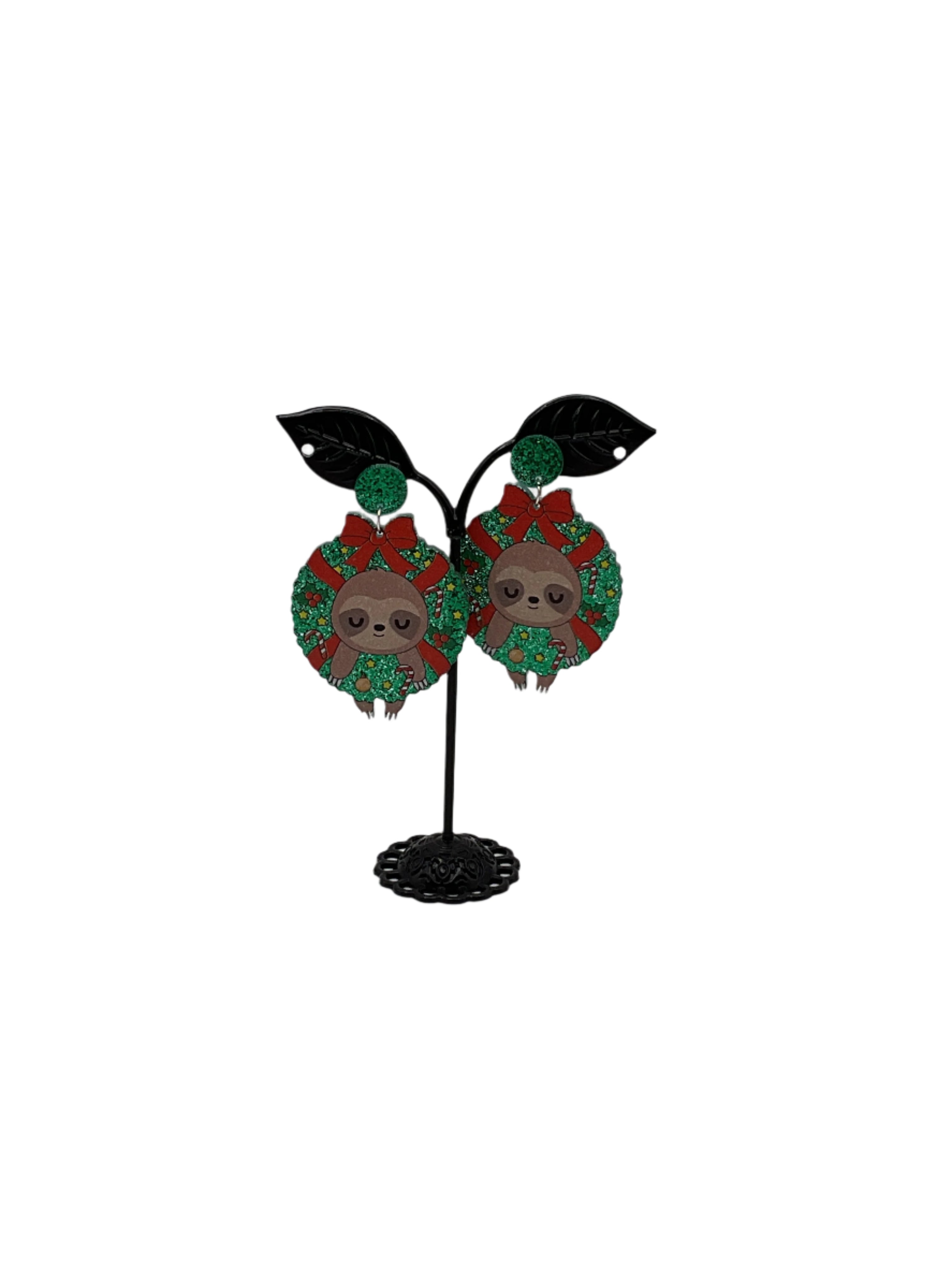 Christmas Sloth in Wreath Earrings