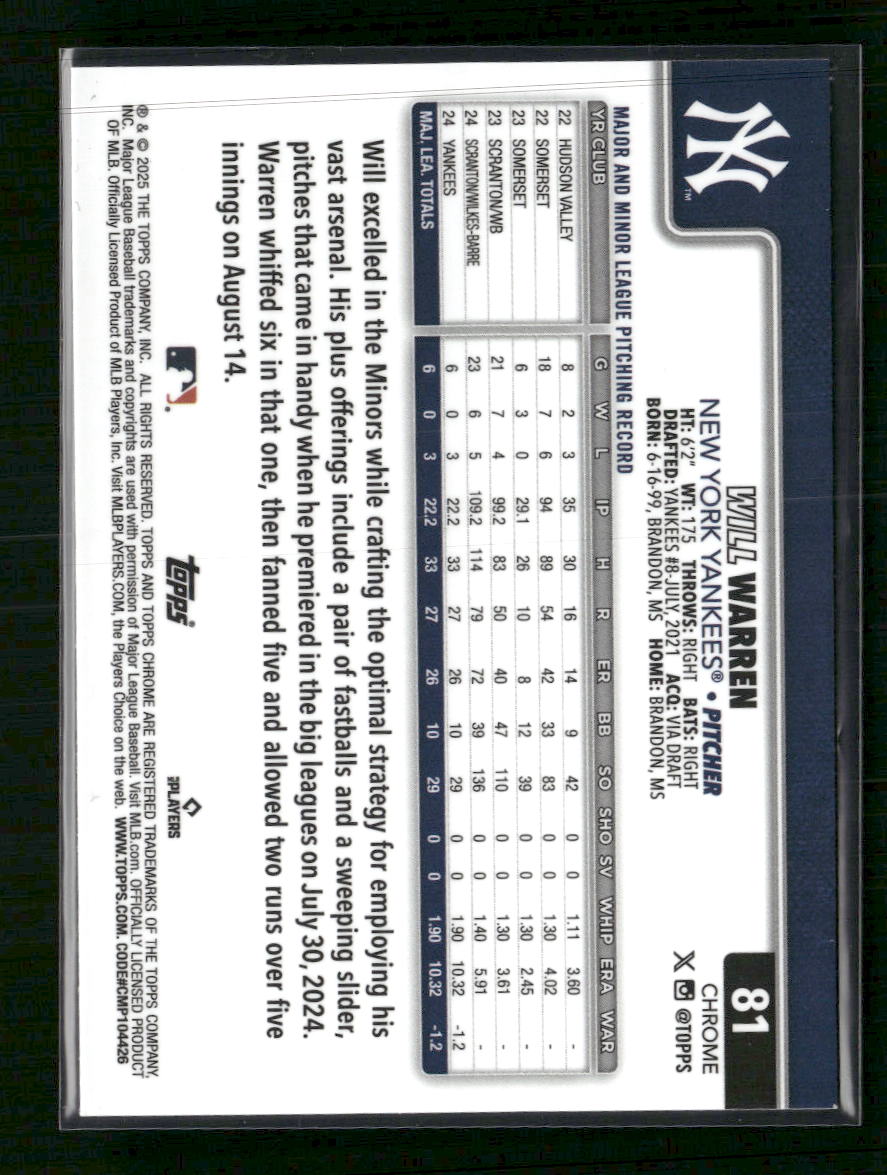 2025 Topps Chrome Blue Raywave #/150 Will Warren Rookie #81