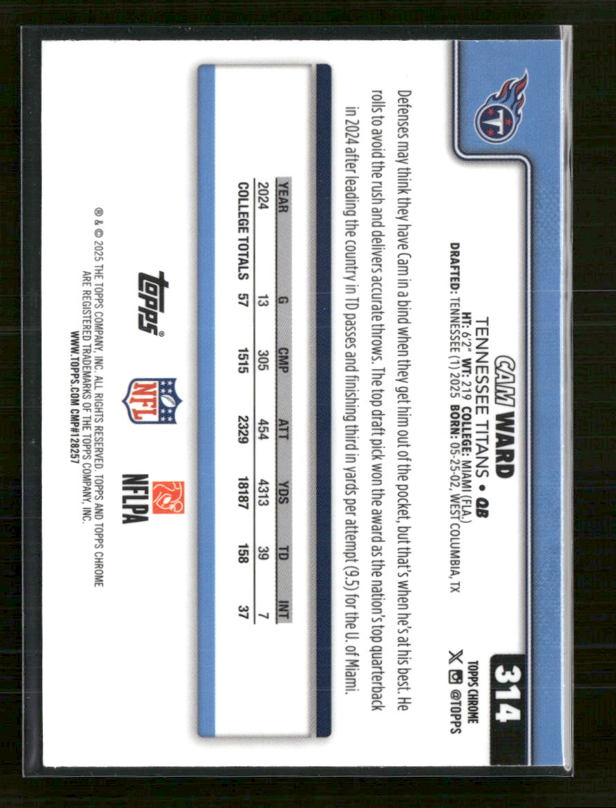 2025 Topps Chrome Pulsar Refractor Cam Ward Rookie #314