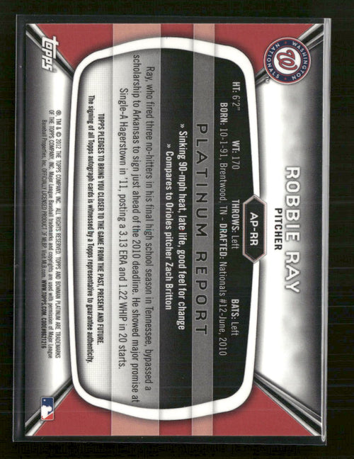 2012 Bowman Platinum Prospect Autographs Robbie Ray Auto #AP-RR