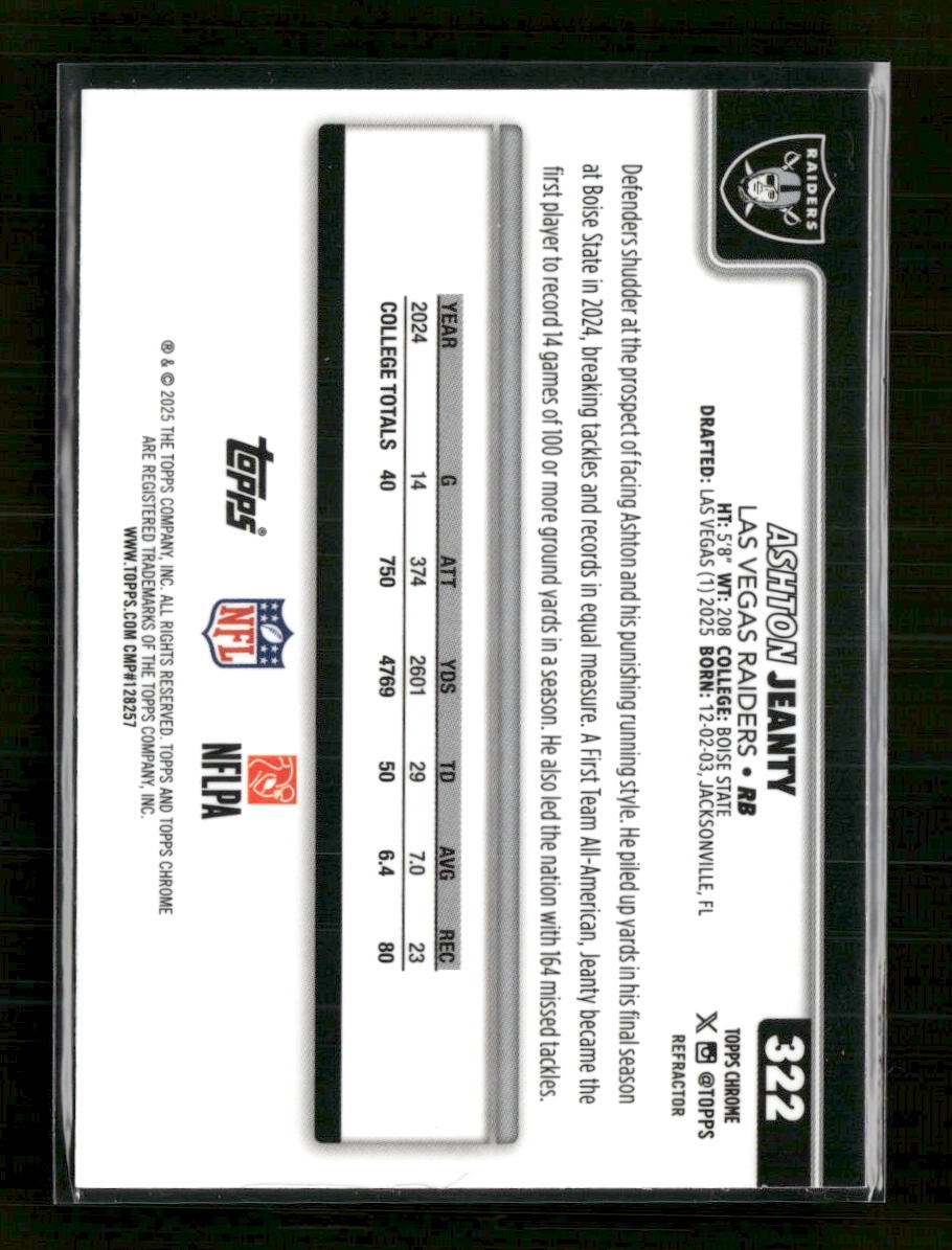 2025 Topps Chrome Refractor Ashton Jeanty Rookie #322