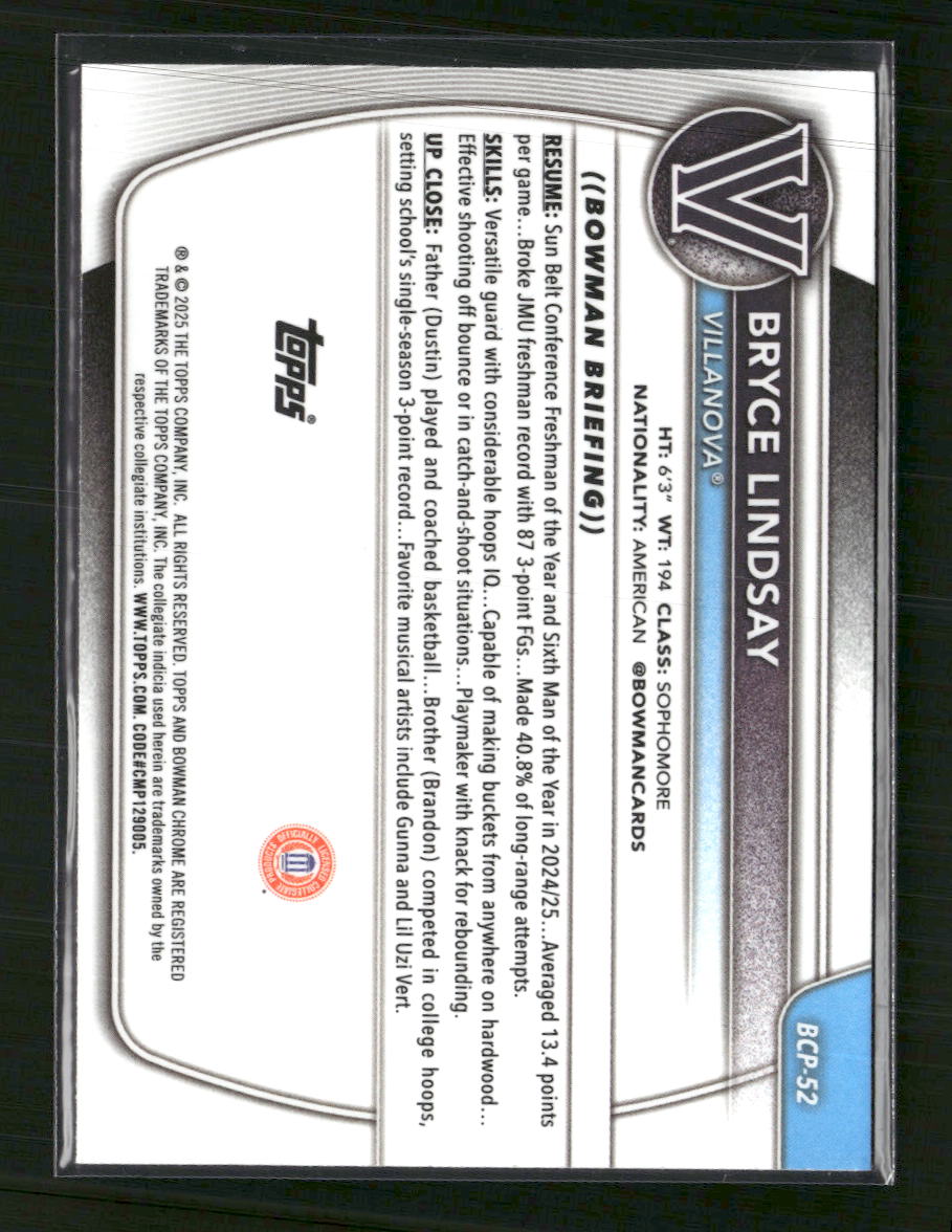 2025-26 Bowman Chrome Prospects Navy Mojo Refractor Bryce Lindsay #/175 #BCP-52