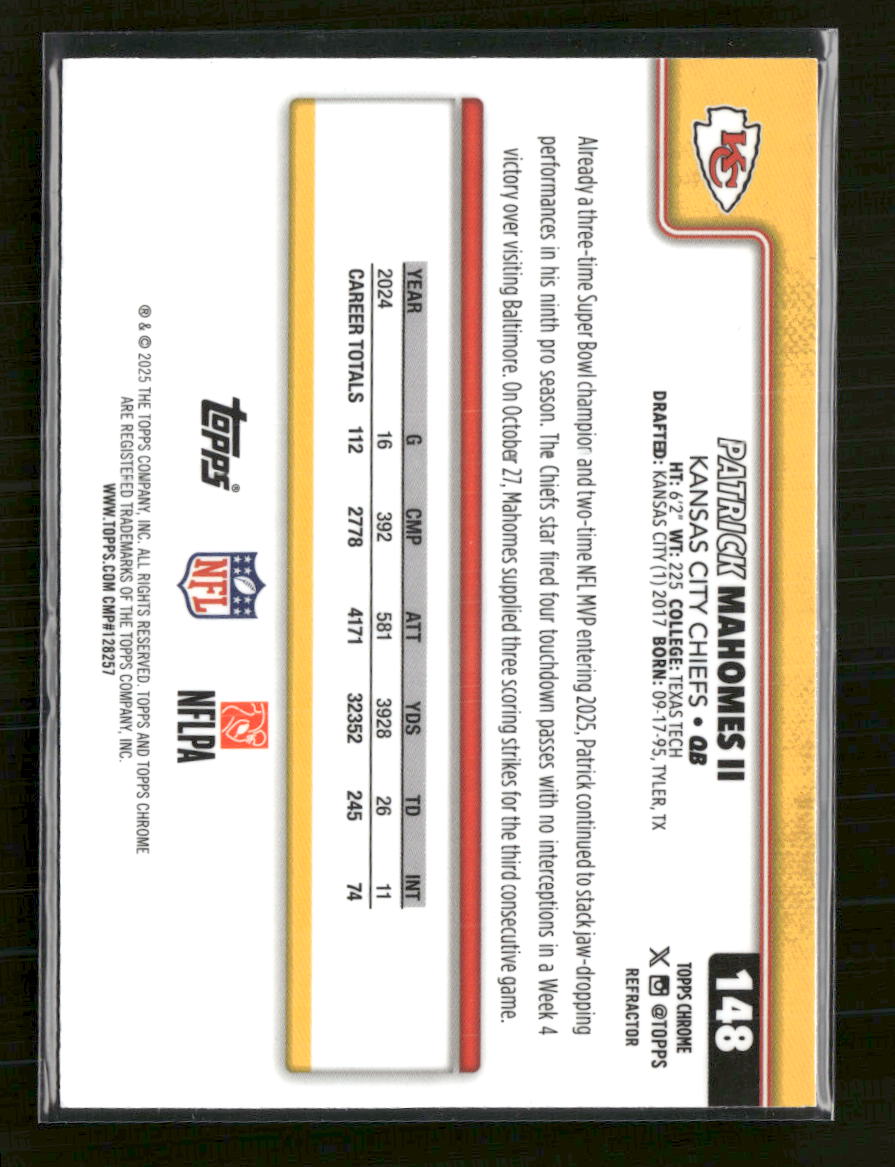 2025 Topps Chrome Refractor Patrick Mahomes II #148