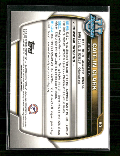 2022-23 Bowman University Chrome Pink Caitlin Clark #50