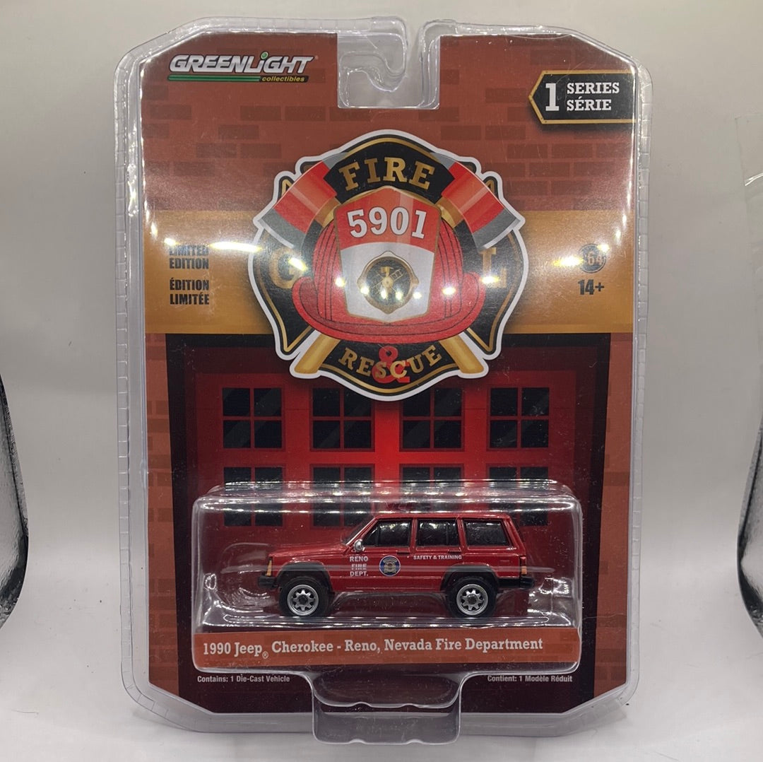 Greenlight 1990 Jeep Cherokee-Reno,Nevada Fire Department Diecast red