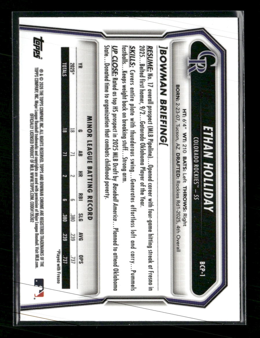 2026 Bowman Chrome Prospects Ethan Holliday #BCP-1