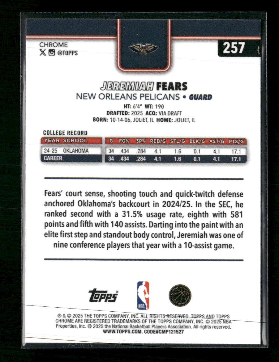 2025-26 Topps Chrome Red White and Blue Refractor Jeremiah Fears Rookie #257