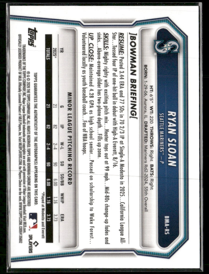 2026 Bowman Chrome Auto Green Mojo #/99 Ryan Sloan #BMA-RS