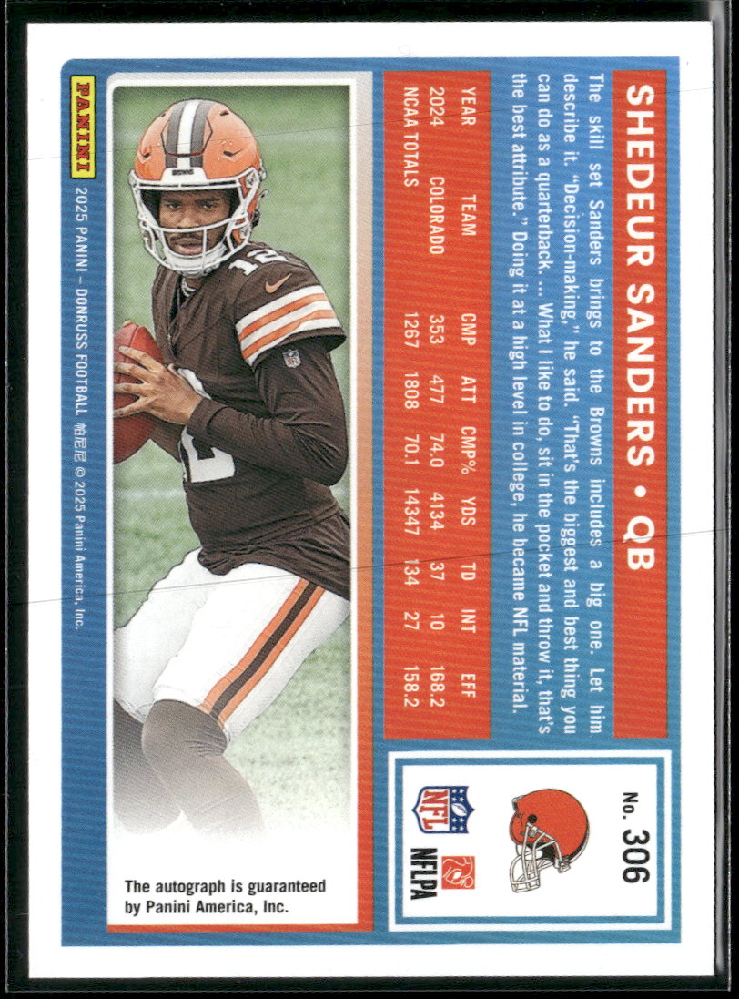 2025 Donruss Rated Rookies Autographs Orange Shedeur Sanders Rookie Auto #306