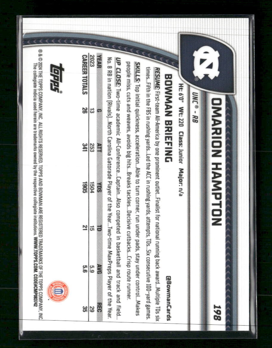 2024 Bowman University Chrome Gold Refractor Omarion Hampton #/50 #198