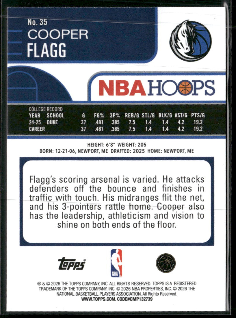 2025-26 Hoops Orange Hoops Cooper Flagg Rookie #35