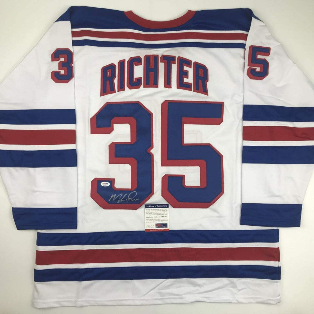 Autographed/Signed Mike Richter New York White Hockey Jersey Beckett BAS COA