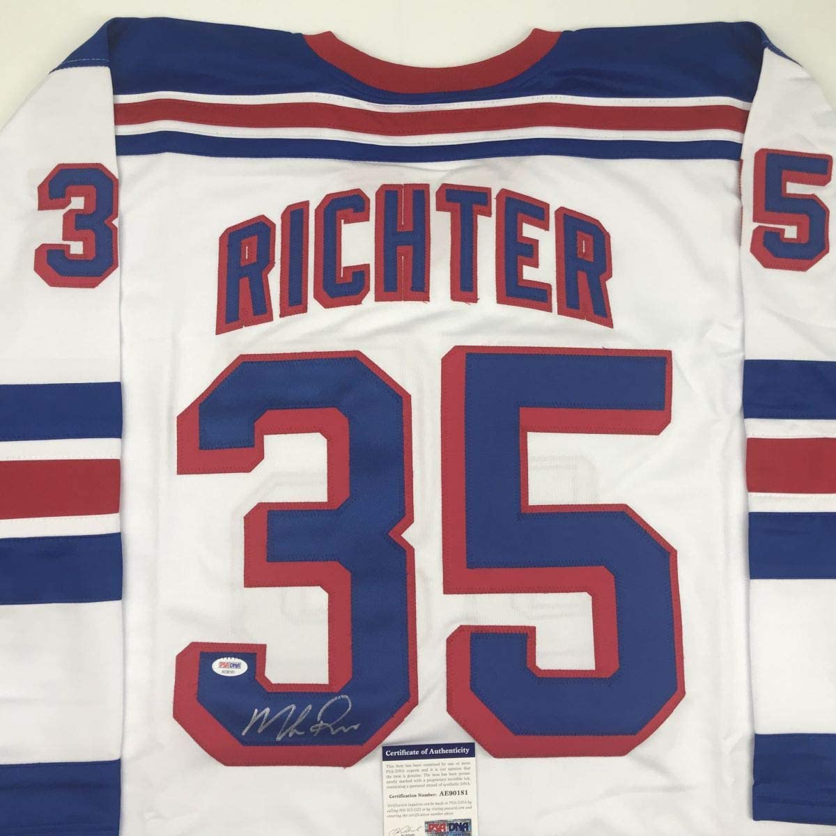 Autographed/Signed Mike Richter New York White Hockey Jersey Beckett BAS COA