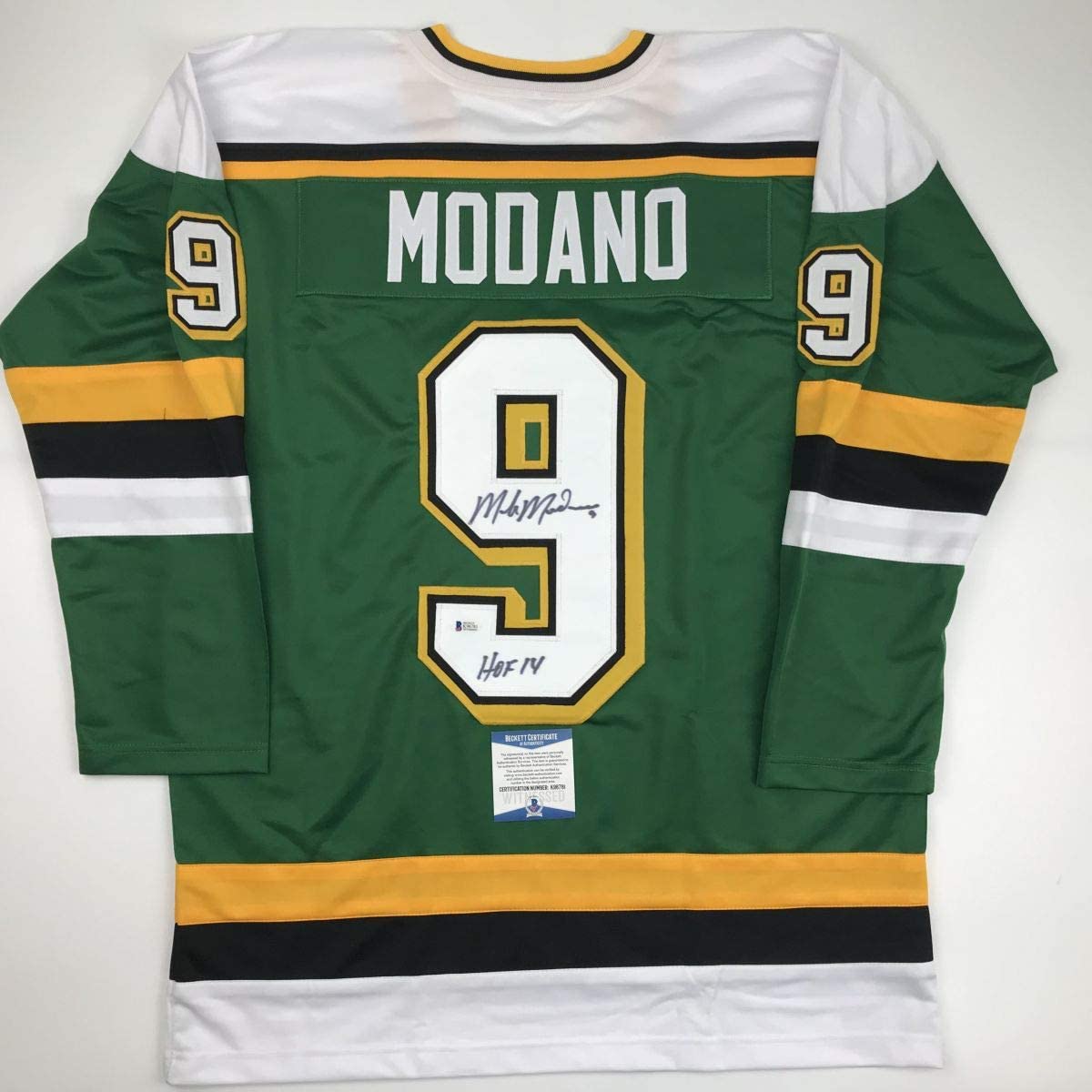 Autographed/Signed Mike Modano Minnesota Green Hockey Jersey Beckett BAS COA