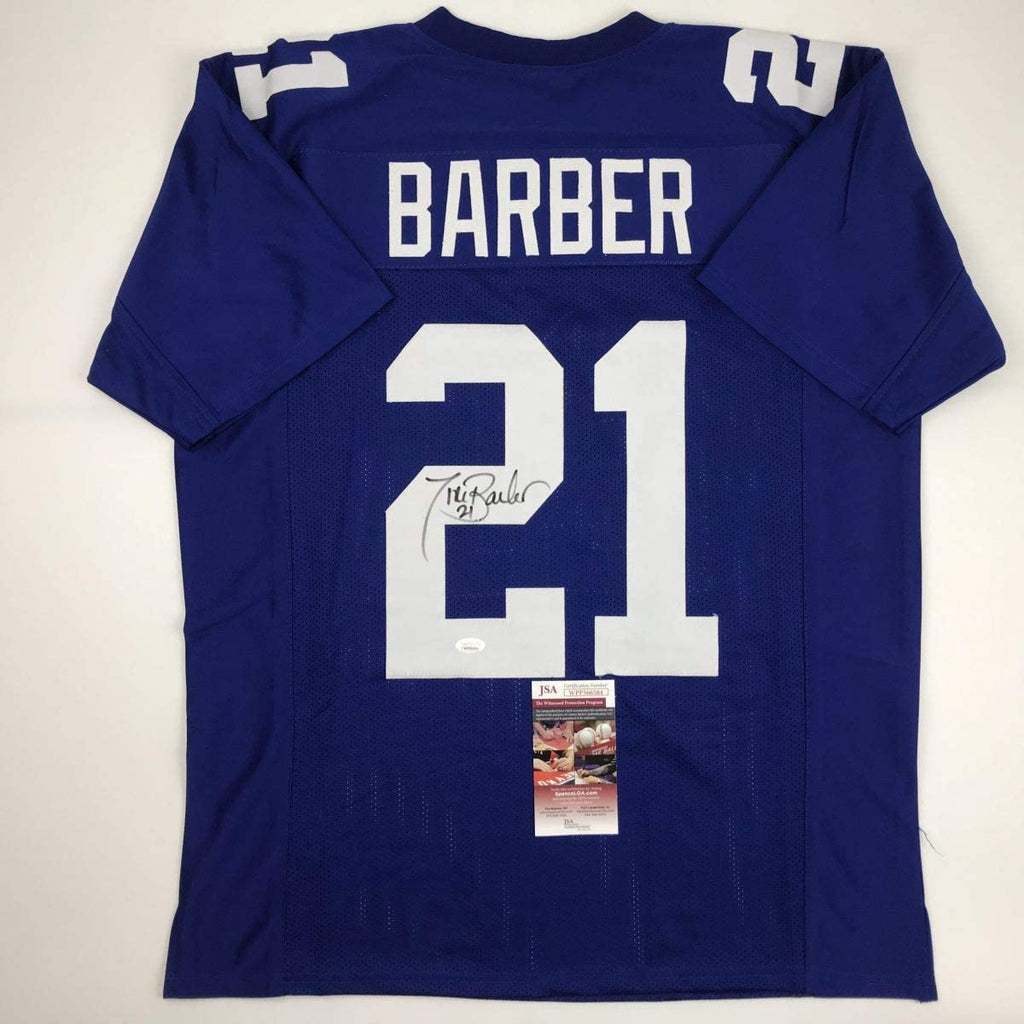Autographed/Signed Tiki Barber New York Blue Football Jersey Beckett BAS COA