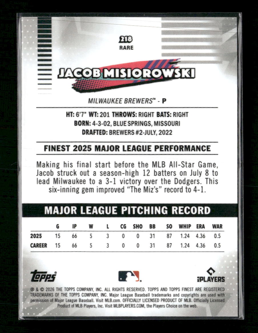 2026 Finest Mini-Diamond Refractors Jacob Misiorowski Rookie #218