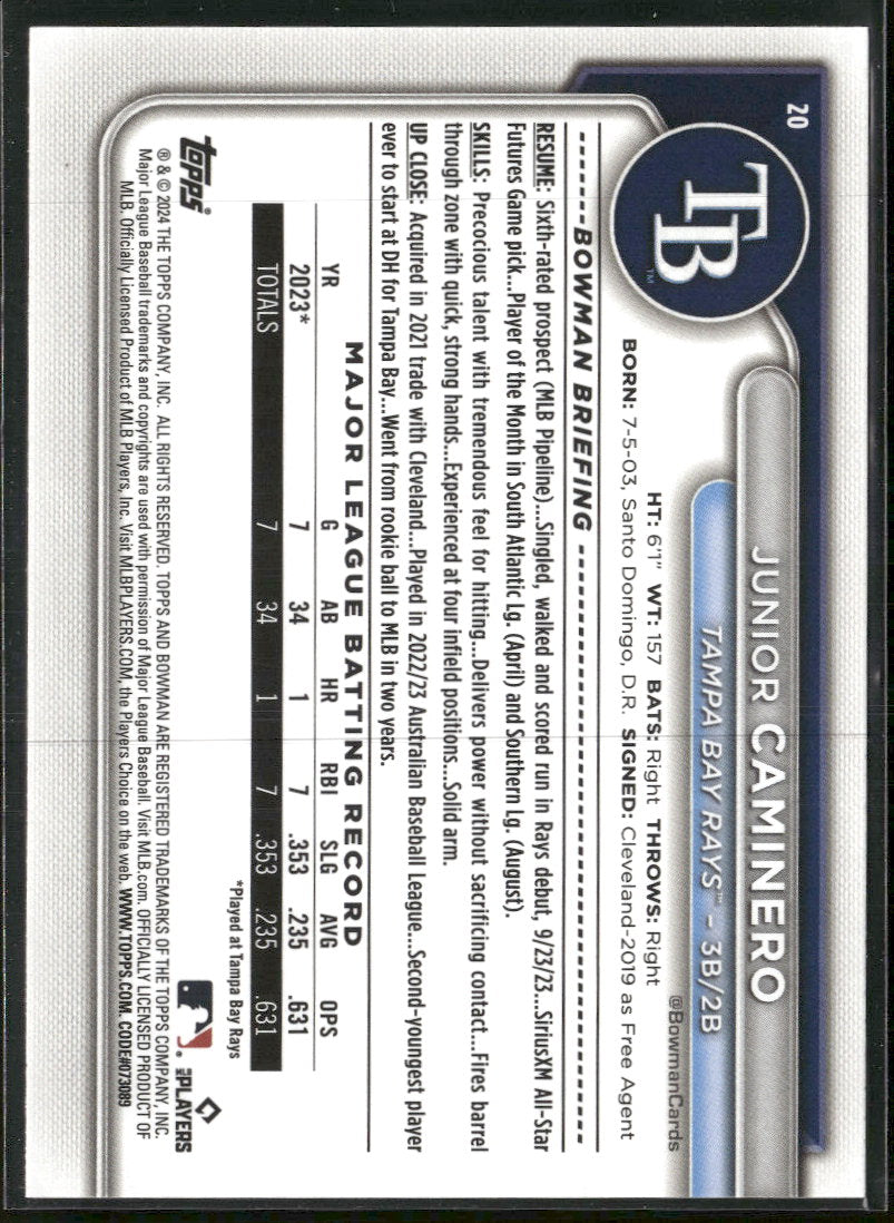 2024 Bowman Fuchsia Junior Caminero #/299 #20