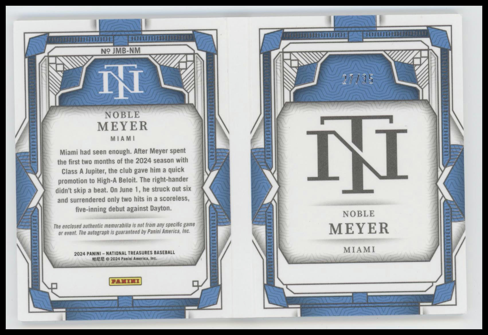 2024 Panini National Treasures Jumbol Booklet Noble Meyer #/35 Auto #JMB-NM