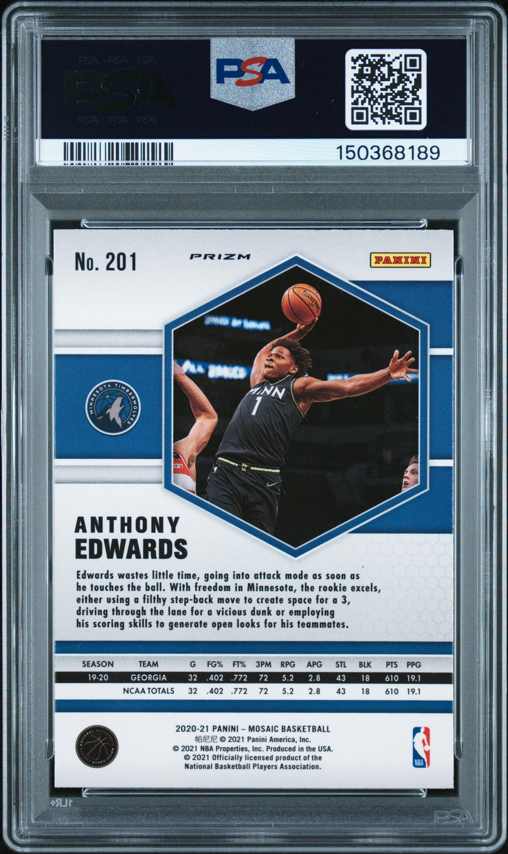 2020 Panini Mosaic Reactive Blue Anthony Edwards 9 PSA #201