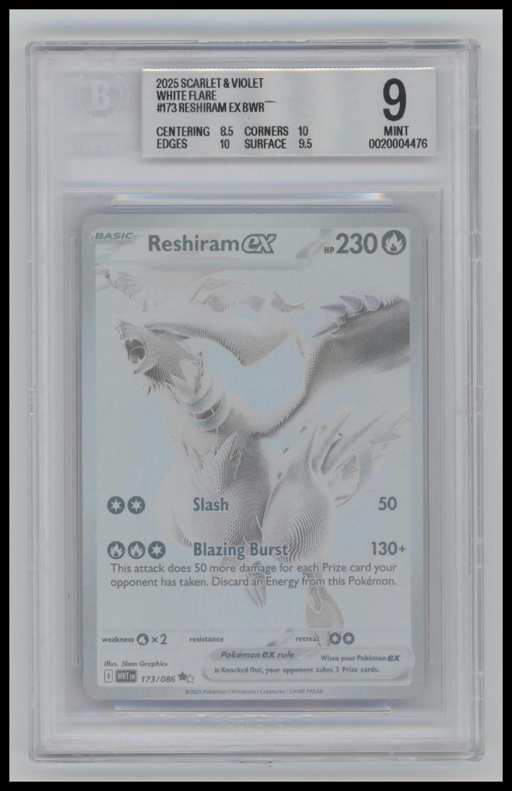2025 Pokemon Scarlet & Violet White Flare Reshiram ex BWR 9.0 BGS #173