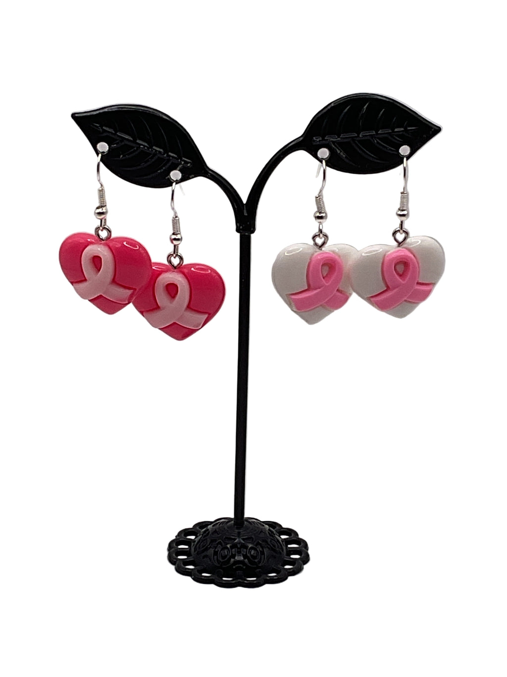 Breast cancer heart earrings