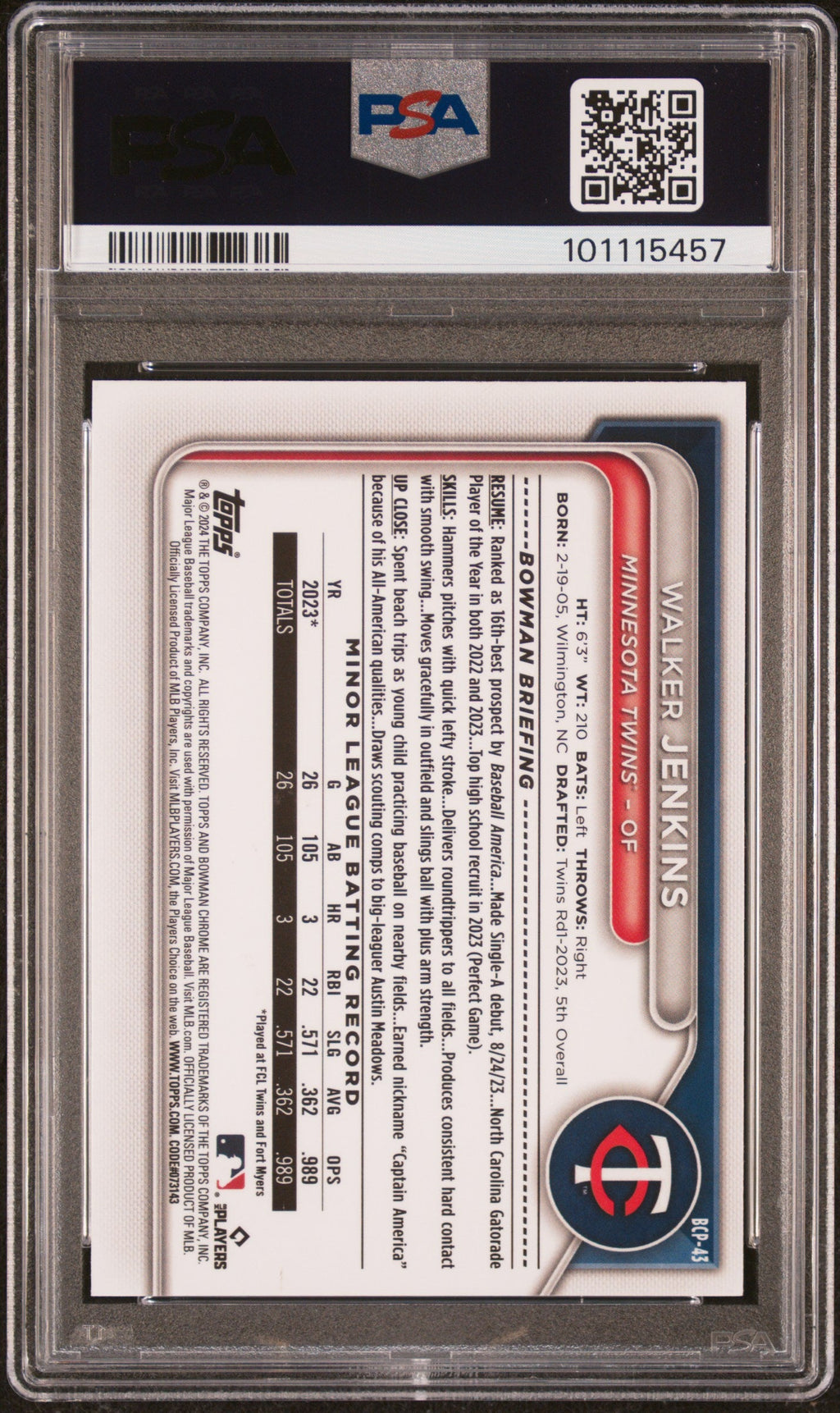 Graded 2024 Topps Bowman Walker Jenkins #BCP43 Chrome Prospects Lunar Glow Rookie RC Baseball Card PSA 10 Gem Mint