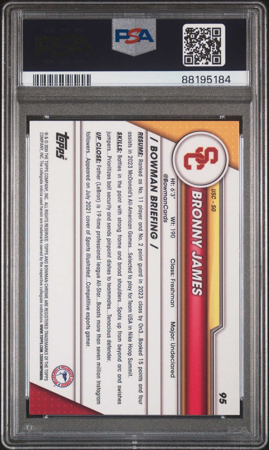 2023 Bowman University Chrome Bronny James 10 PSA #95