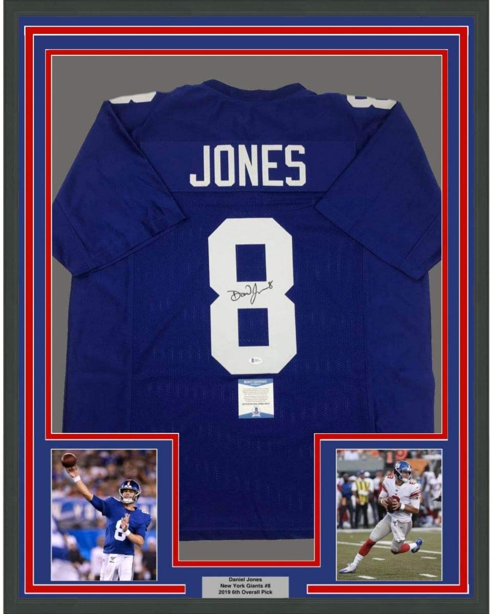 Framed Autographed/Signed Daniel Jones 35x39 New York Blue Football Jersey Beckett BAS COA