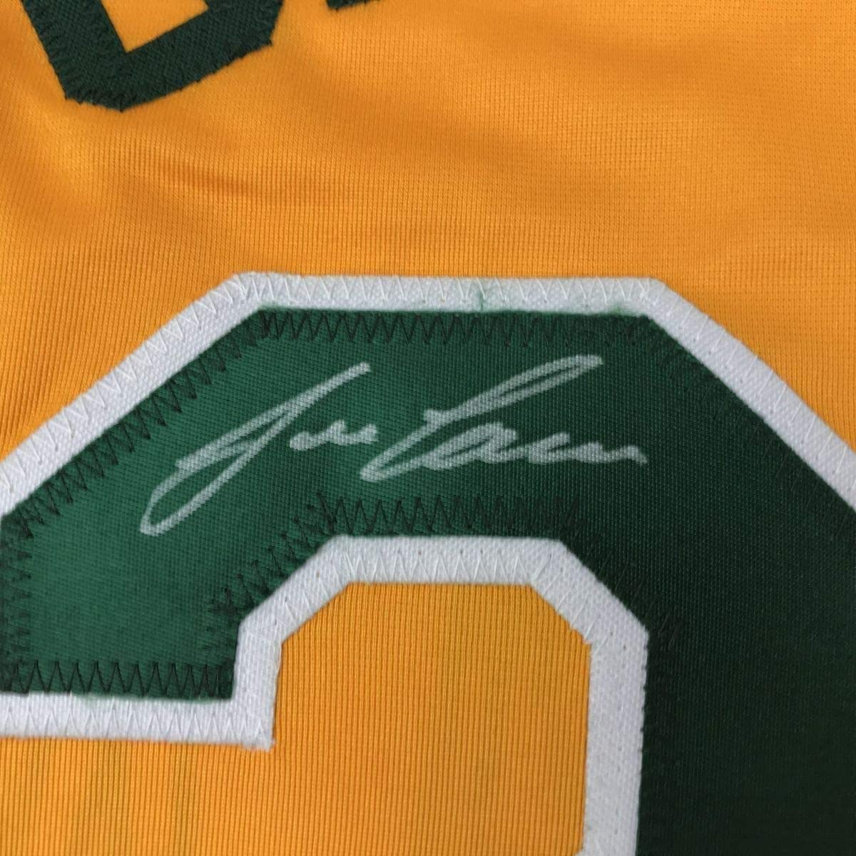 Framed Autographed/Signed Jose Canseco 35x39 Oakland Yellow Baseball Jersey JSA COA