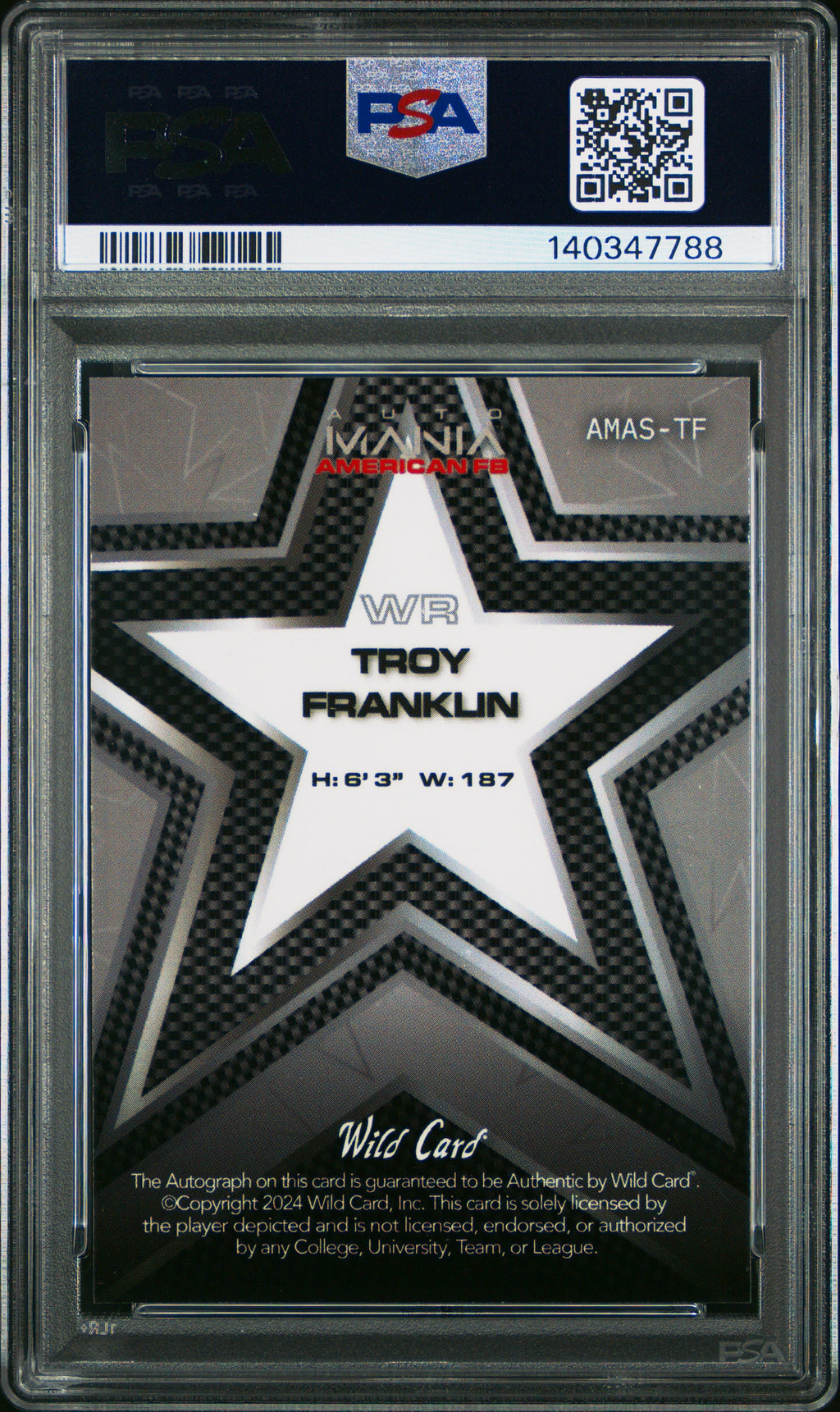 2024 Wild Card Auto Mania Autographs Fireworks 4 1/1 Troy Franklin 9 PSA
