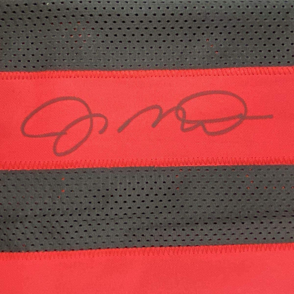 Framed Autographed/Signed Joe Montana 35x39 San Francisco Black Football Jersey JSA COA