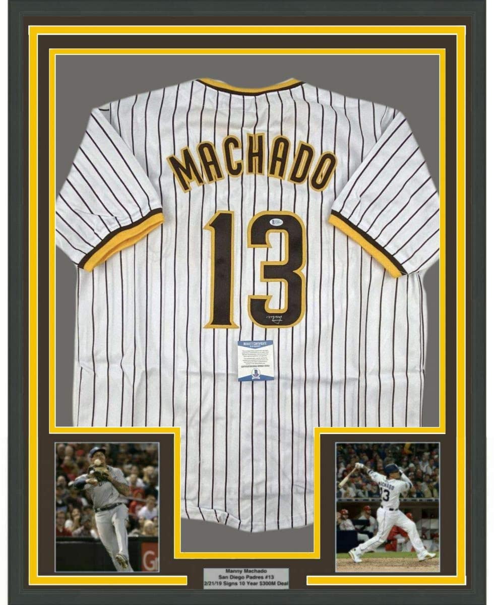 Framed Autographed/Signed Manny Machado 35x39 San Diego Pinstripe Baseball Jersey Beckett BAS COA