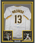 Framed Autographed/Signed Manny Machado 35x39 San Diego Pinstripe Baseball Jersey Beckett BAS COA
