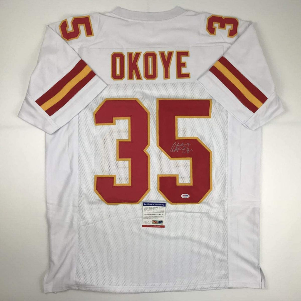 Autographed/Signed Christian Okoye Kansas City White Football Jersey JSA COA