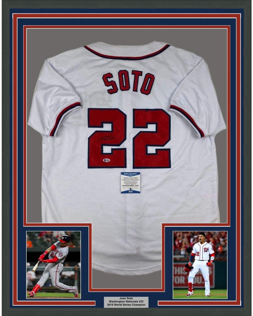 Framed Autographed/Signed Juan Soto 35x39 Washington White Baseball Jersey Beckett BAS COA