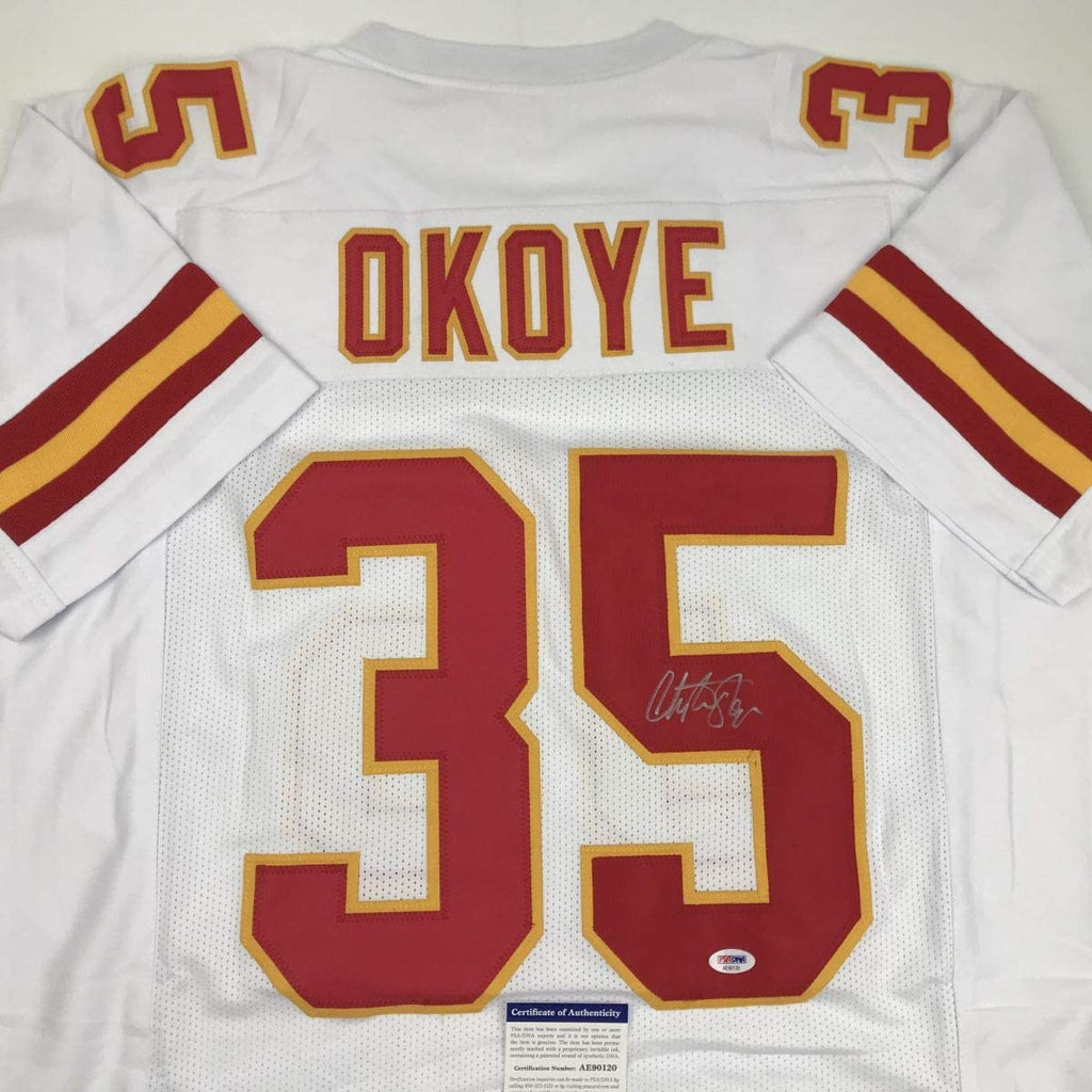 Autographed/Signed Christian Okoye Kansas City White Football Jersey JSA COA