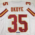 Autographed/Signed Christian Okoye Kansas City White Football Jersey JSA COA