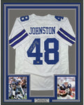 Framed Autographed/Signed Daryl Moose Johnston 35x39 Dallas White Football Jersey Beckett BAS COA