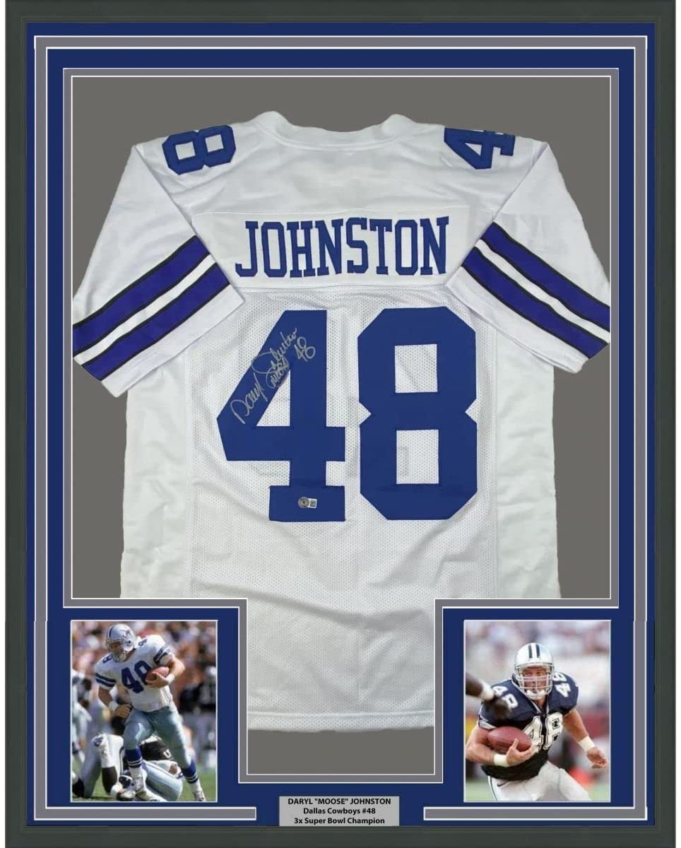 Framed Autographed/Signed Daryl Moose Johnston 35x39 Dallas White Football Jersey Beckett BAS COA