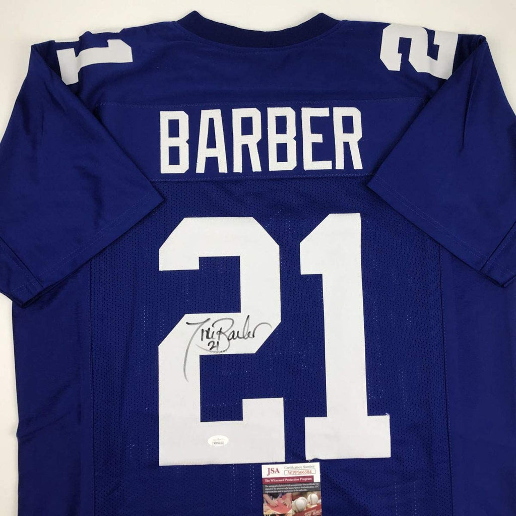 Autographed/Signed Tiki Barber New York Blue Football Jersey Beckett BAS COA