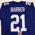 Autographed/Signed Tiki Barber New York Blue Football Jersey Beckett BAS COA