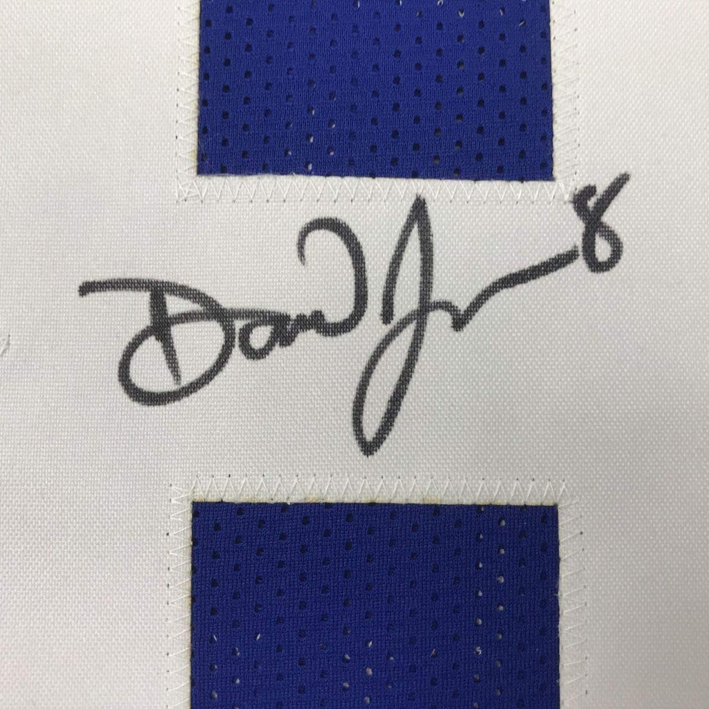 Framed Autographed/Signed Daniel Jones 35x39 New York Blue Football Jersey Beckett BAS COA