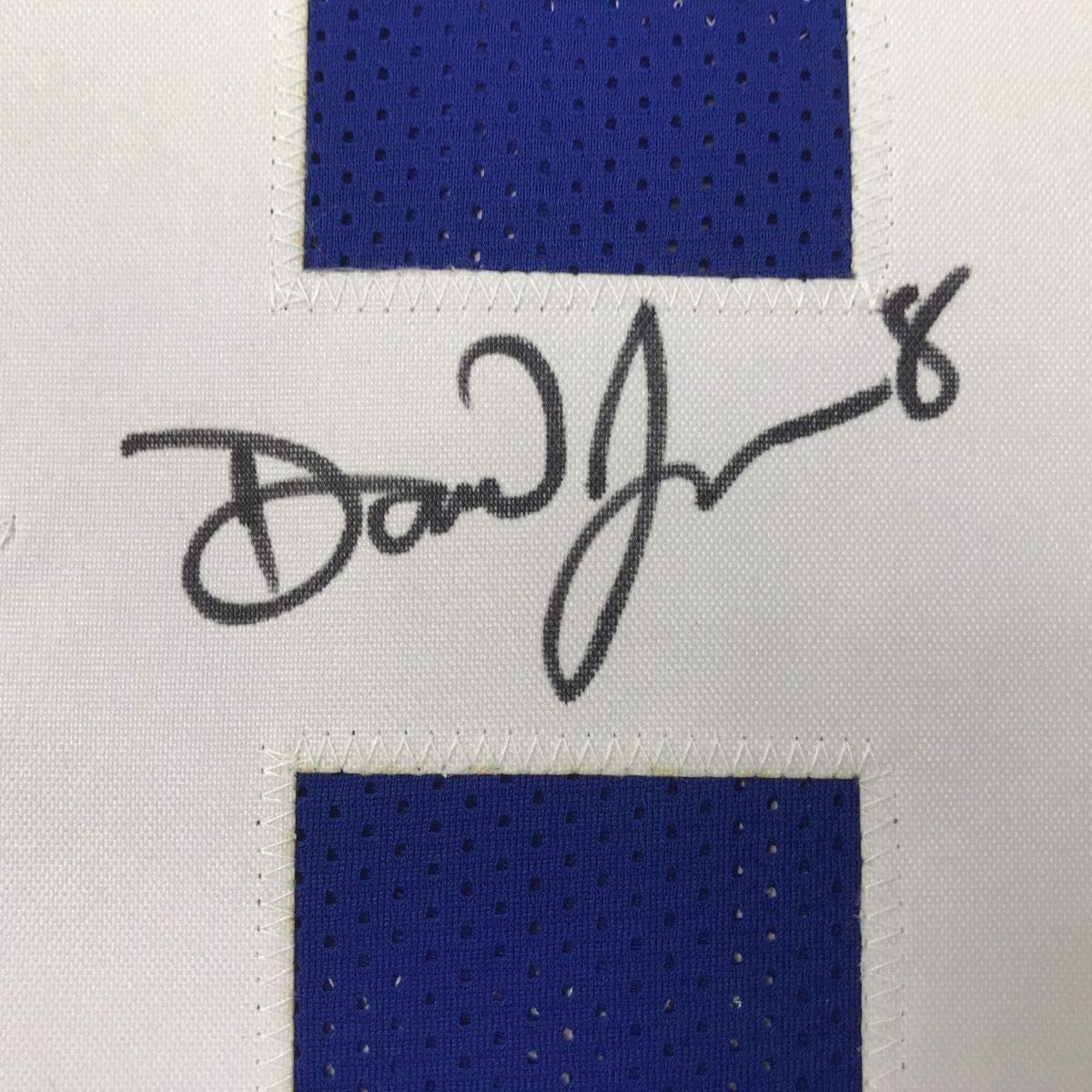 Framed Autographed/Signed Daniel Jones 35x39 New York Blue Football Jersey Beckett BAS COA