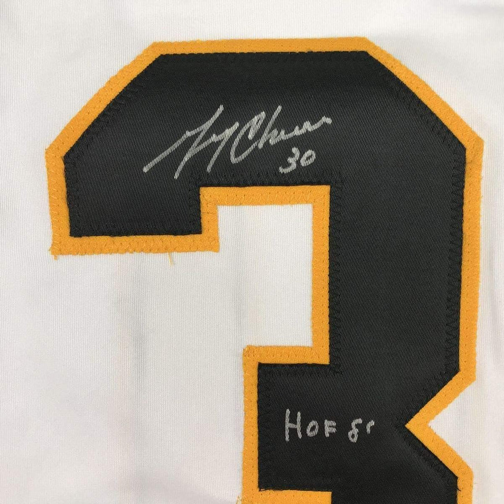 Framed Autographed/Signed Gerry Cheevers HOF 85 35x39 Boston White Hockey Jersey JSA COA