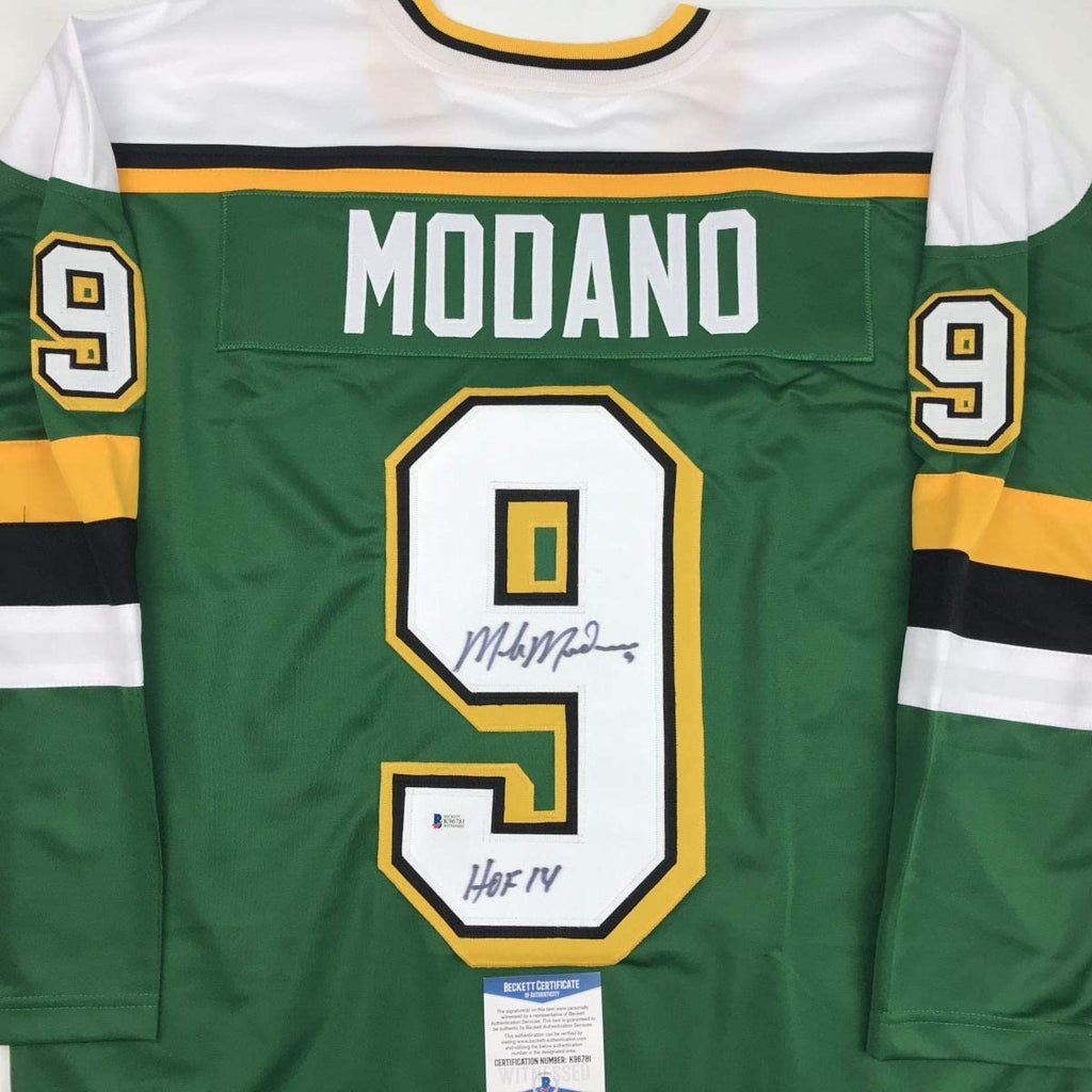 Autographed/Signed Mike Modano Minnesota Green Hockey Jersey Beckett BAS COA